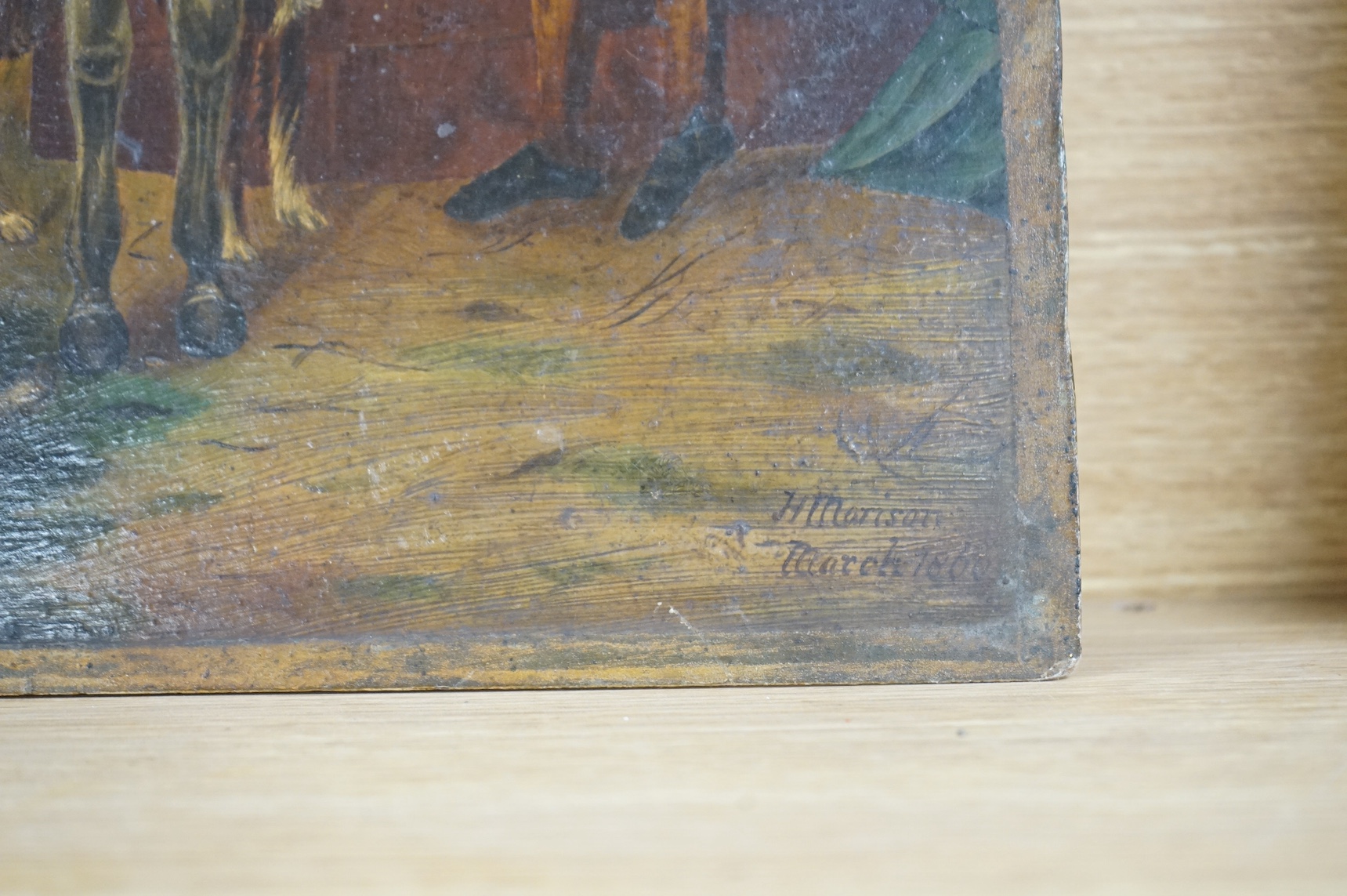 H. Morison, 19th century, Naïve school, oil on board, Horse watering before a tavern, signed and dated March 1866, unframed, 35 x 29cm. Condition - in need of a clean
